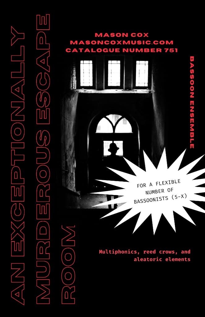 Cover art for An Exceptionally Murderous Escape Room by Mason Cox, featuring a noir-style hallway photograph with red vertical lettering on a black background