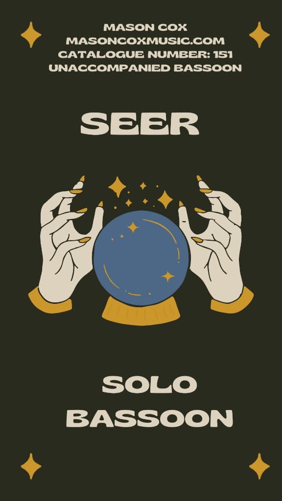 Cover art for Seer by Mason Cox, featuring hands hovering over a blue crystal ball against a dark green background with gold stars